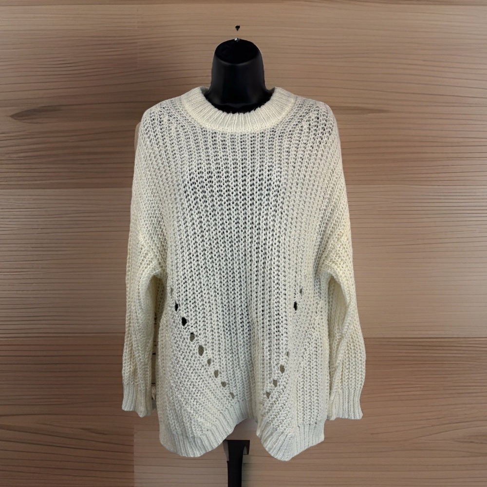 American Eagle Sweater Cream Oversized XS Open Knit SOFT Cozy‎ Fluffy Long